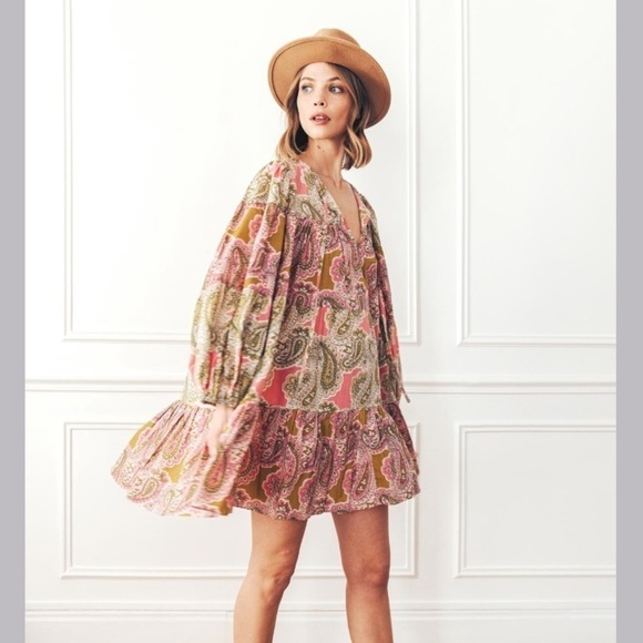 Charina Sarte Green pink tiered Paisley print Nara swing dress S NWT - Picture 2 of 8